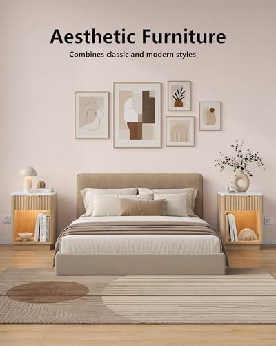 Akxomel Fluted Nightstand Bedside Table with Charging Station Oak - Image 4