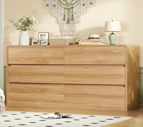 TEENFON 55" Dresser for Bedroom with 6 Drawers, Dressers & Chests of Drawers with Curved Profile Design, 6 Drawer Dresser, Bedroom Dressers, Wood Dressers for Bedroom, Hallway, Natural by TEENFON