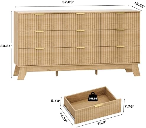 HUANLEGO Fluted Dresser for Bedroom with 9 Drawers, Oak - Image 3