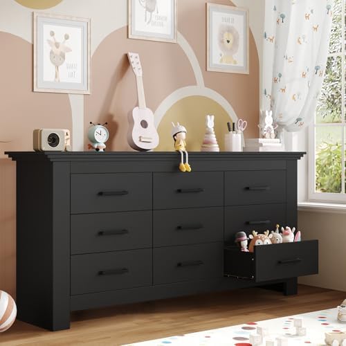 9 Drawer Dresser for Bedroom, Wood Triple Wide Dressers with Metal Handle, Dresser Chests of Drawers, Vintage Design Storage Chest Cabinet and Organizer Drawers for Closet, Hallway, Entryway, Black - Image 4