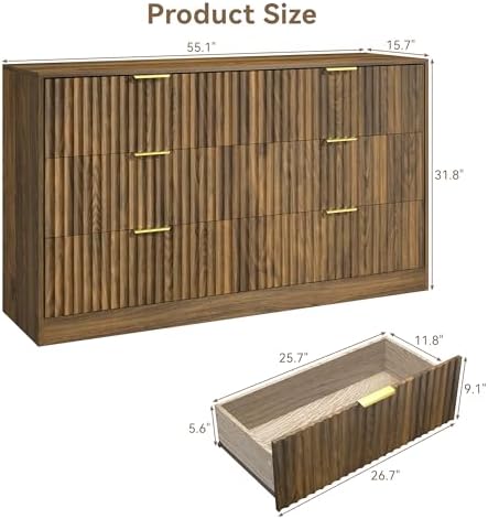 Walnut 6 Drawer Dresser for Bedroom, 55" Wide Fluted Chest of Drawers - Image 2