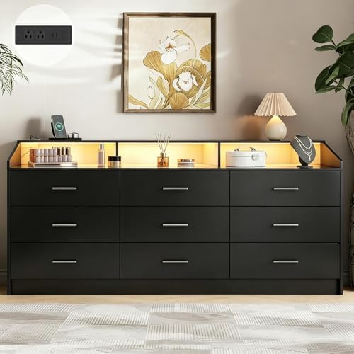 9 Drawer Dressers for Bedroom with Charging Station, 63'' Long Dresser for Closet with Led Light, Modern Black Chest of Drawers with Open Storage Cubby, Triple Wide Wooden Dresser for Entryway Hallway by Gyfimoie