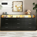 9 Drawer Dressers for Bedroom with Charging Station, 63'' Long Dresser for Closet with Led Light, Modern Black Chest of Drawers with Open Storage Cubby, Triple Wide Wooden Dresser for Entryway Hallway by Gyfimoie