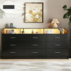 9 Drawer Dressers for Bedroom with Charging Station, 63'' Long Dresser for Closet with Led Light, Modern Black Chest of Drawers with Open Storage Cubby, Triple Wide Wooden Dresser for Entryway Hallway by Gyfimoie