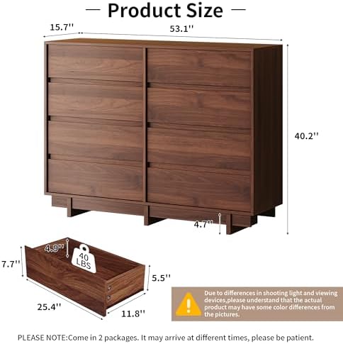 8 Drawer Walnut Dresser for Bedroom, 53" Wide Mid Century Modern Dresser - Image 2