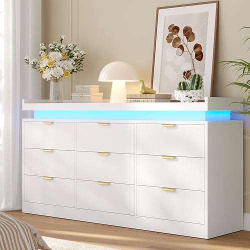 knoworld 9 Drawer Dresser for Bedroom, White Dresser with LED Lights and Power Outlet, Large Wooden Dressers Modern Chest of Drawers, Triple Wide 9 Drawer Dressers for Bedroom, Entryway, Hallway by KNOWORLD