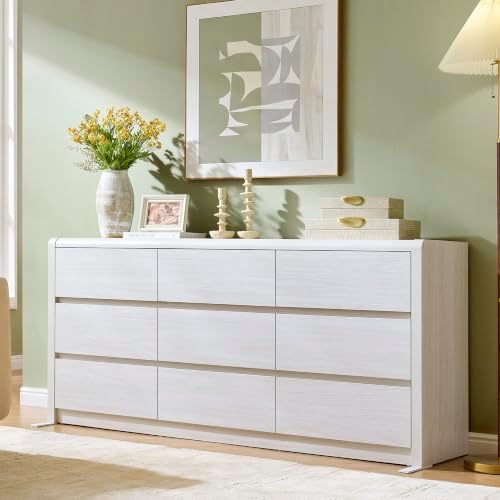 63” Wide Large Dresser with 9 Drawers, White Dresser for Bedroom, Mid Century Modern Dresser & Chest of Drawers, Rounded Corner, Wood Dresser for Living Room, Hallway Storage Organizer by Odeekea