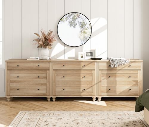 WAMPAT Wide 9 Drawer Dresser, Wooden Chest of Drawers for Bedroom, Oak - Image 3