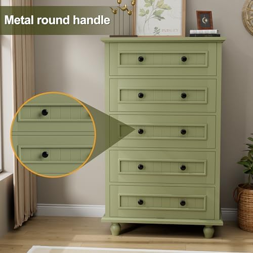 42.7'' Tall 5 Drawer Dresser for Bedroom, Vintage Green Wood Storage Chest - Image 6