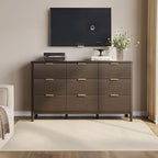 LINSY Fluted 9 Drawer Dresser for Bedroom, 58" Wide Mid-Century Modern Tall Chest of Drawers, Deep Storage Dresser with Curved Corner Design, Large Accent Wood Cabinet for Bedroom, Walnut - Image 3