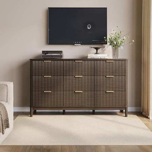 LINSY Fluted 9 Drawer Dresser for Bedroom, 58" Wide Mid-Century Modern Tall Chest of Drawers, Deep Storage Dresser with Curved Corner Design, Large Accent Wood Cabinet for Bedroom, Walnut - Image 3