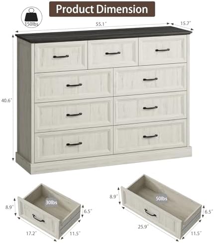 Farmhouse 9 Drawer Dresser for Bedroom, 55" White Dresser with TV Stand - Image 2