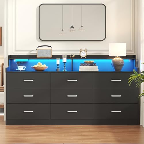 Bigbiglife 9 Drawer Dresser with Built in Power Outlet and LED Light, Modern Chest of Drawers for Bedroom, Triple Wide Drawer Organizer Cabinet for Living Room, Entryway, Hallway, Black - Image 3