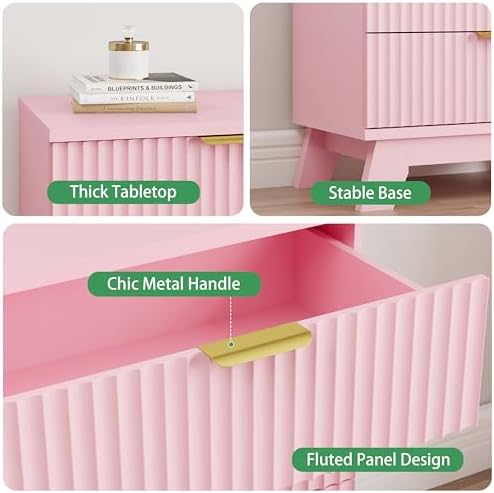 Xixini Fluted Nightstand with 3 Drawers, 24" Wide Side Table, Pink - Image 4