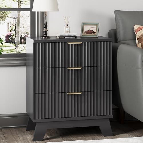 Xixini Fluted Nightstand with 3 Drawers, 24" Wide Side Table, Black - Image 3