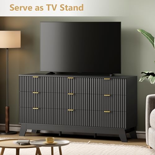 Wodeer 9 Drawer Fluted Dresser for Bedroom, Mid Century Modern Dresser with 9 Drawers, Dressers & Chests of Drawers with Metal Handle, TV Stand & Storage Organizer for Entryway, Hallway, Black - Image 3