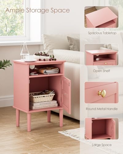 Nightstand, Boho Night Stand with 1 Drawers, Modern Side Accent Table with Open Shelf, Wooden Top Bedside End Table for Bedroom, Living Room, Pink - Image 5