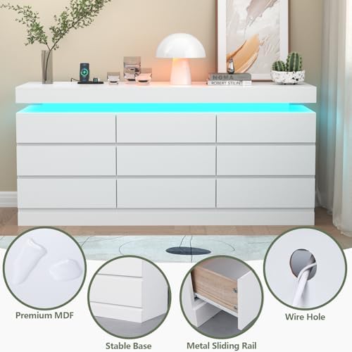 Gyfimoie 9 Drawer Dresser with Power Outlet, Modern Dresser with LED Light - Image 6