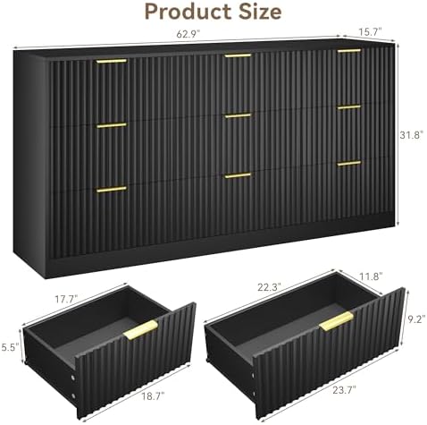 Black 9 Drawer Dresser for Bedroom, 63" Wide Modern Fluted Chest of Drawers, Wooden Dresser with Gold Metal Handles, Mid Century Large Dresser TV Stand for Living Room Hallway - Image 2