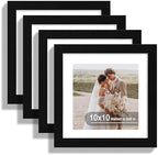 Hongkee 10x10 Picture Frame Set of 4, Made of Real Glass and Black Wooden Frame - Display Picture 8x8 with Mat or 10 x 10 Without Mat, 10 by 10 Photo for Wall or Tabletop by Hongkee