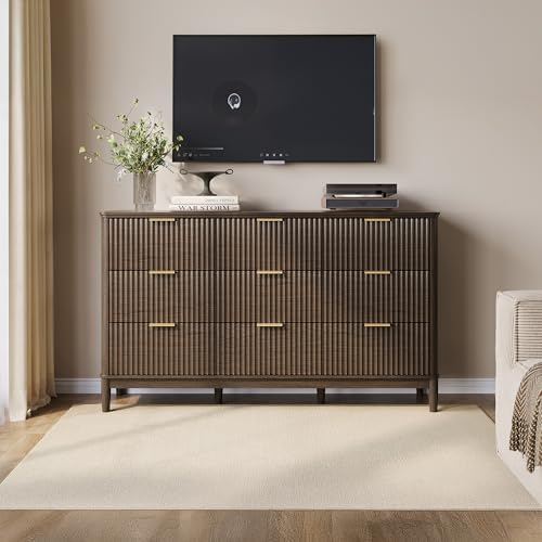 LINSY Fluted Dresser for Bedroom, Mid Century Modern Large Chest of Drawers with Gold Metal Handles, Wide Boho Wood Dressers with Storage, 9 Drawer, Dark Wood - Image 6