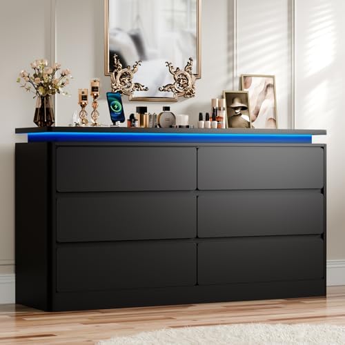 6 Drawer Dresser for Bedroom, 47.24" Black Chest of Drawers w/LED Lights by Gyfimoie