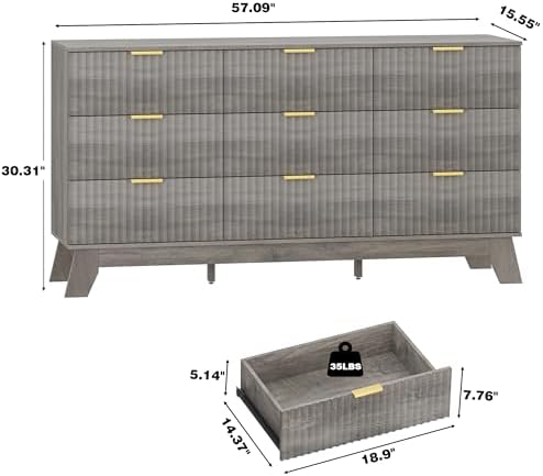 HUANLEGO Fluted Dresser for Bedroom with 9 Drawers, Grey - Image 5