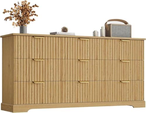 Wooden 9 Drawer Dresser for Bedroom, Fluted Dresser with Storage and Metal Handle, Modern Chest of Drawers for Living Room, Entryway, Natural Oak - Image 5