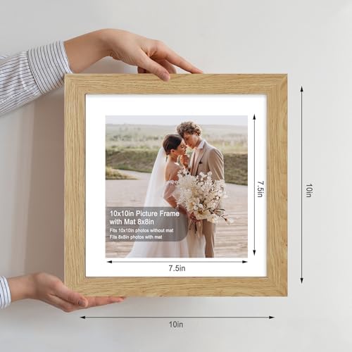 Hongkee 10x10 Picture Frame Set of 4, Made of Glass and Natural Oak Wooden Frame - Display Picture 8x8 with Mat or 10 x 10 Without Mat, 10 by 10 Photo for Wall or Tabletop - Image 2