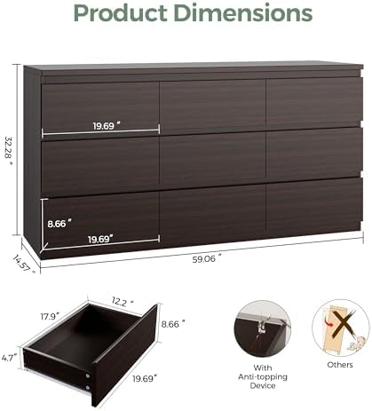 Brown 9 Drawer Dresser for Bedroom,Modern Wood Dressers & Chest of Drawers with No-Handle Design, Long Dressers for Closet Living Room,Nursery,Hallway (59.06 * 32.28 * 14.57 in) - Image 2