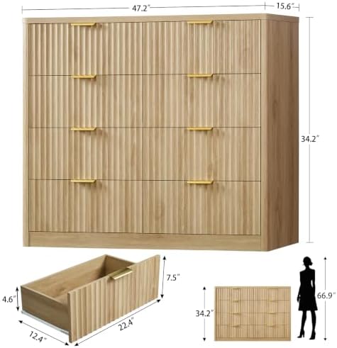 TEENOFN Fluted Dresser for Bedroom with 8 Drawers, 47.2" Wide Modern Chest of Drawers with Metal Handle, Dresser TV Stand, Wood Closet Clothes Storage Organizer for Living Room, Hallway, Natural - Image 2