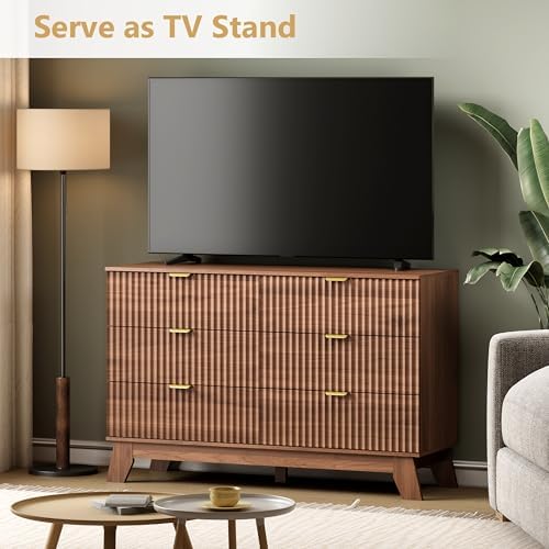 Wodeer 6 Drawer Fluted Dresser for Bedroom, Mid Century Modern Wooden Dresser with 6 Drawers, Dressers & Chests of Drawers with Metal Handle, TV Stand & Storage Organizer for Entryway, Hallway, Walnut - Image 3