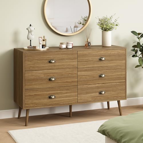 Oak 6 Drawer Dresser for Bedroom, 47" Wood Dresser with Gold Handles. - Image 3