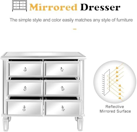 Bonnlo Mirrored Dresser 6 Mirror Drawers, Mirrored Cabinet, Glass Mirror Dresser, Modern Chest of Drawers, Silver, 32”L x 12”W - Image 4