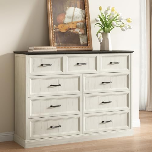 Farmhouse 9 Drawer Dresser for Bedroom, 55" White Dresser with TV Stand by CARPETNAL