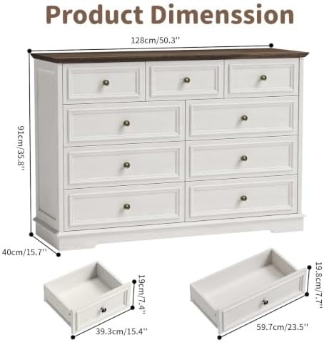 51" Wide Farmhouse 9 Drawer Dresser for Bedroom, Rustic White - Image 2