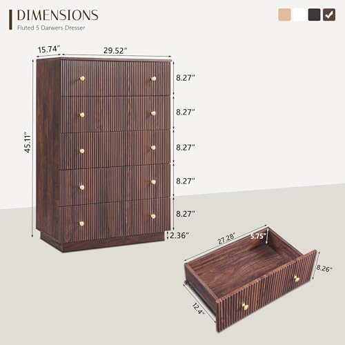 Fluted 5 Drawers Dresser for Bedroom, 45" Tall Modern Dressers & Chest of Drawers with Metal Handle, Wood Closet Clothes Storage Organizer,Storage Dressers Organizer for Hally/Living Room, Natural - Image 2