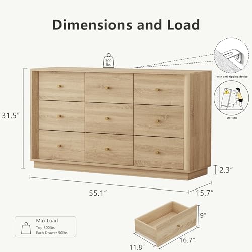 FORTUNETEC 55" Wide 9 Drawer Dresser for Bedroom, Oak - Image 2