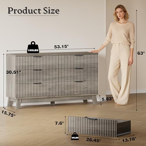 BORNOON 53" Long Dresser for Bedroom, 6-Drawer Dresser with Fluted Fronts, Wide Wood Chest of Drawers, Smooth Metal Slides, Stable Base, Modern Clothes Storage Cabinet for Living Room, Hallway - Image 2