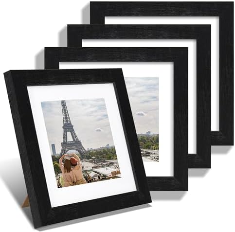 Hongkee 8x8 Picture Frames Set of 4, Made of Glass and Rustic Black Wooden Frame - Display Picture 6x6 with Mat or 8 x 8 Without Mat, 8 by 8 Photo for Wall or Tabletop by Hongkee