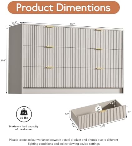Furniway Beige Dresser for Bedroom, Modern Dresser with 6 Drawers and Smooth Slides, Wide Chest of Drawers with Golden Handles for Bedroom, Living Room, Closet, 15.7" D x 55.1" W x 31.4" H - Image 2
