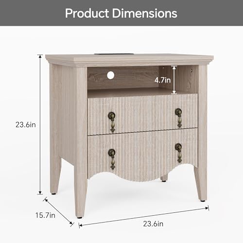 FUSUNBAO Fluted Nightstand with Charging Station & 2 Drawers,Nature Oak - Image 2