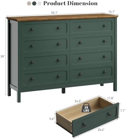 CARPETNAL 55" Green Dresser for Bedroom with 8 Drawer & Deep Drawers - Image 2