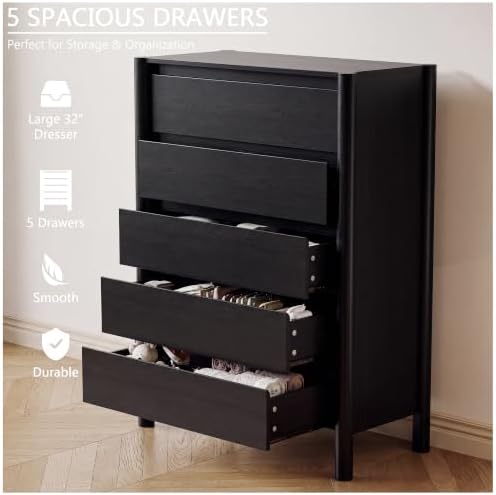 HOUROM Black Dresser for Bedroom,45" Tall 5 Drawer Mid Century Modern Chest - Image 6