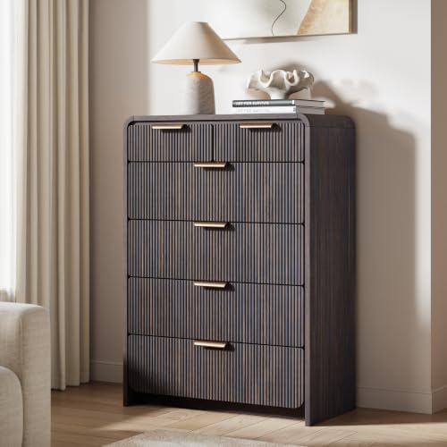 44" Tall 6 Drawers Fluted Dresser for Bedroom, Living Room, Black Walnut by HOTALLOY