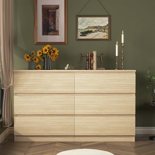 Vibe & Dine 6 Drawer Double Dresser, Modern Chest of Drawers with Wide Storage for Closet, Bedroom, Living Room, Natural Wood - Image 2