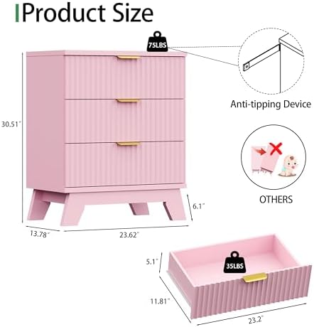 Xixini Fluted Nightstand with 3 Drawers, 24" Wide Side Table, Pink - Image 2