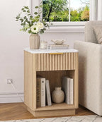 Akxomel Fluted Nightstand Bedside Table with Charging Station Oak - Image 2
