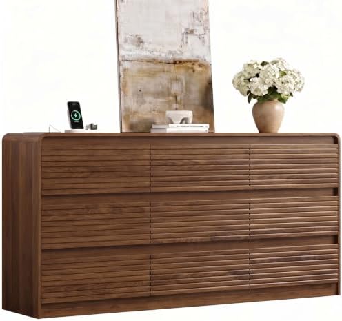 Gyfimoie Walnut Fluted 9-Drawer Dresser for Bedroom w/Power Outlet by Gyfimoie