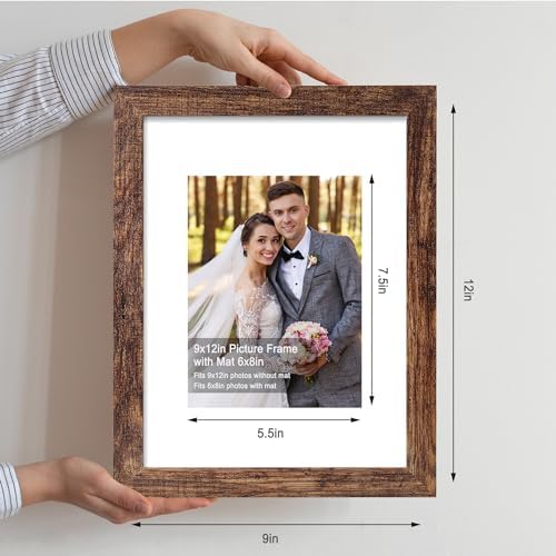 Hongkee 9x12 Picture Frame Set of 4, Made of Glass and Rustic Brown Wooden Frame - Display Picture 6x8 with Mat or 9 x 12 Without Mat, 9 by 12 Photo for Wall or Tabletop - Image 2